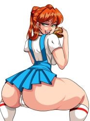 alcione alternate_eye_color anus_peek ass ass_focus asuka_langley_sohryu bare_legs blue_miniskirt bubble_ass bubble_butt cameltoe earrings food hamburger highleg_panties huge_ass jewelry long_hair looking_back miniskirt naughty_face neon_genesis_evangelion open_mouth orange_hair school_uniform shiny_hair sideboob smile smirk solo solo_female squatting thong twerking twintails underwear white_panties wide_hips