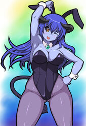 animal_ears astaroth_(shinrabanshou) black_sclera blue_hair blue_skin bunny_ears bunnysuit clothing demon_girl demon_tail detached_collar female hand_on_hip highres horns kihaiu leotard long_hair pantyhose pointy_ears shinrabanshou tail wink wrist_cuffs yellow_eyes