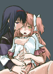 1futa 1girls akemi_homura black_hair blush bow breast_slip breasts censored cum cum_on_body cum_on_lower_body drooling futa_with_female futanari hair_ribbon hairbow handjob human intersex long_hair madoka_kaname magical_girl mahou_shoujo_madoka_magica multiple_girls mura_(kiyohime) nipples one_breast_out open_clothes open_mouth open_shirt parted_lips penis pink_hair purple_eyes purple_hair reach_around red_ribbon ribbon simple_background spread_legs tagme two_side_up ultimate_madoka yellow_eyes