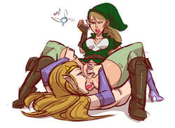 2girls anilingus anus ass blonde_hair blue_eyes cunnilingus dsan facesitting female hair high_heel_boots high_heels hoop_earrings link lipstick multiple_girls navi nintendo oral princess_zelda pussy rimjob rimming rule_63 sex the_legend_of_zelda tongue_out triforce triforce_mark yuri