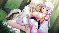 2girls blush breasts censored chiri_(atlanta) chuablesoft cleavage cute_fang dark_skin female female_ejaculation fingering game_cg highres large_breasts long_hair medium_breasts minamori_hime multiple_girls natsu_(wagaya_no_himegami-sama!) nipples open_mouth purple_eyes purple_hair pussy spread_legs wagaya_no_himegami-sama! white_hair yellow_eyes yuri