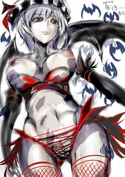alternate_costume bat bat_wings blue_hair bra bra_pull breasts crotchless_panties dark_nipples dated expressionless female fishnet_legwear fishnets highres large_breasts looking_at_viewer looking_down mob_cap navel nipples nyuu_(manekin-eko) older panties puffy_nipples pussy red_eyes remilia_scarlet short_hair slit_pupils thighhighs touhou underwear white_skin wide_hips wings