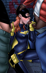 1girls 2boys :>= alley barbara_gordon batgirl batman_(series) bodysuit boots cape closed_eyes clothed_sex cum cum_in_mouth cum_on_breasts cum_on_clothes dark-skinned_male dark_skin dc double_handjob fellatio female gloves hand_on_head handjob head_hold human incase interracial kneeling light-skinned_male long_hair male mask night oral orange_hair pubic_hair satchel small_breasts squatting straight threesome xur