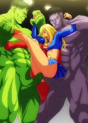 1girls 2boys abs anal arm_grab arms_up big_dom_small_sub black_hair blonde_hair blue_eyes boots breasts clothed_female_nude_male crossover dc defeated double_penetration dual_persona green_hair green_skin grey_skin hair hulk hulk_(series) larger_male leg_grab long_hair marvel multiple_boys nude open_mouth penis raliugaxxx rape sandwiched short_hair size_difference skirt smaller_female smile standing standing_sex supergirl superhero superman_(series) testicles threesome vaginal_penetration wince