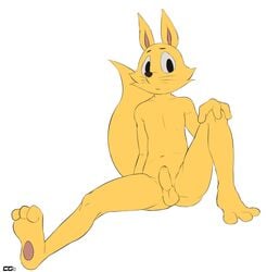 1boy 2014 absurdres anthro barefoot canine crazed crazedg erection fox fur furry highres kaiketsu_zorori looking_at_viewer male male_only mammal nude pawpads paws penis sitting solo spread_legs spreading testicles uncut zorori