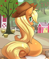 2014 anthro anthrofied anus apple applejack_(mlp) aryanne ass back_turned barn blonde_hair cowboy_hat earth_pony equine eyelashes female freckles friendship_is_magic fruit fur glass green_eyes hair hat hay horse long_hair looking_back mammal milk my_little_pony nude orange_fur outside pony pussy sitting smile smooth_skin solo spill tree