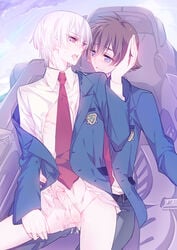 2boys beige_skin blue_eyes brown_hair color cum cum_on_body cum_on_lower_body gay hand_on_another's_face kakumeiki_valvrave l-elf lying_on_person male male_only multiple_boys necktie open_mouth penis purple_eyes saliva saliva_trail school_uniform short_hair silver_hair sitting smile tokishima_haruto tongue tongue_out uniform xhouz yaoi