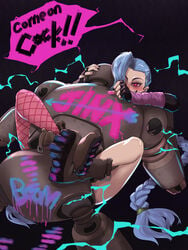 1boy ankle_boots black_nails blue_hair blush boots boy_on_top braid doll dracul elbow_gloves eyelashes female fingerless_gloves fishnet_legwear fishnets gloves highres jinx_(league_of_legends) league_of_legends leg_lock long_hair mismatched_legwear missionary nail_polish pink_eyes profanity robot sex thighhighs twin_braids very_long_hair