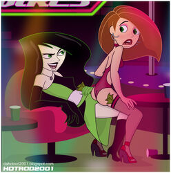 2girls accurate_art_style ass black_hair blush disney embarrassed eyeshadow female female_only green_eyes grinding high_heels hotrod2001 human kim_possible kimberly_ann_possible lap_dance lipstick long_hair looking_back makeup money multiple_females orange_hair shego sitting_on_lap sitting_on_person skimpy small_breasts stockings strip_club stripper stripper_pole surprised yuri