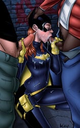 1girls 2boys :>= alley barbara_gordon batgirl batman_(series) bodysuit boots cape closed_eyes clothed_sex cum cum_in_mouth cum_on_breasts cum_on_clothes cum_on_face dark-skinned_male dark_skin dc double_handjob ejaculation facial fellatio female gloves hand_on_head handjob head_hold human incase interracial kneeling light-skinned_male long_hair male mask night oral orange_hair pubic_hair satchel small_breasts squatting straight threesome xur