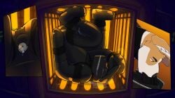 2025 absurd_res anthro balls biped black_body black_claws black_clothing black_collar black_cuffs black_handwear black_mittens black_suit bodily_fluids brown_body brown_fur cage canid canine canis chastity_cage chastity_device claws clothing collar digital_drawing_(artwork) digital_media_(artwork) dildo_mask domestic_dog flat_chastity_cage full_body_suit fur genital_fluids genitals green_eyes handwear heat_(temperature) hi_res hollow_plug in_cage kinktober_2025 leaking_precum male mammal metal_chastity_cage mitten_hands mittens nasal_penetration nasal_tube paws precum rynnks solo steam struggling submissive submissive_anthro submissive_male suit uncomfortable_pose upside_down white_body white_fur zipper zipper_mouth