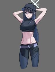 1girls armpits arms_behind_head baseball_cap big_breasts blue_archive blue_eyes blue_hair breasts busty female garter_belt half-closed_eyes halo hat highres large_breasts legs looking_at_viewer midriff navel pants pose posing saori_(blue_archive) sensual sexy_armpits sexy_pose solo thighs toned voluptuous