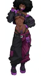 1girls abs african_female afro ai_generated big_breasts black_eyes black_female black_hair curly_hair dark-skinned_female dark_skin hand_on_hip looking_at_viewer original original_character purple_nails qos queen_of_spades queen_of_spades_tattoo smiling smiling_at_viewer solo toned toned_body toned_female toned_stomach tube_top tubetop underboob whale_tail