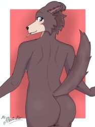 2020s 2026 3:4 anime anthro anthro_female anthro_only artist_logo artist_name artist_signature back back_view beastars blue_eyes brown_body brown_fur butt butt_focus canid canine canis colored digital_drawing_(artwork) digital_media_(artwork) ears ears_down female female_anthro female_only fur furry furry_female furry_only juno_(beastars) lollipop looking_at_viewer looking_back mammal mr._maestrello naked naked_female no_humans nude nude_anthro nude_female shaded simple_background smile smiling_at_viewer solo solo_anthro solo_female wolf wolf_girl