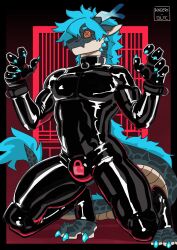 absurd_res anders-glyc anthro bodysuit claws clothing collar cuff_(restraint) dragon eastern_dragon feet fingers glistening glistening_body hi_res hypnosis kneeling latex latex_clothing latex_skinsuit lock_bulge lock_symbol male male_only mind_control mythological_creature mythological_scalie mythology null null_bulge restraints scalie shin skinsuit solo spiral spiral_eyes tail tight_clothing
