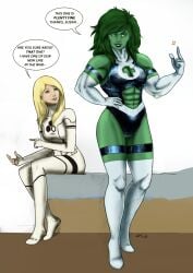 2girls abs avengers belly_button belly_window colored fantastic_four female female_focus female_only future_foundation green_hair green_skin hawkgirl_(artist) invisible_woman invisible_woman_(future_foundation) jennifer_walters marvel muscular muscular_female muscular_thighs not_porn she-hulk stomach sue_storm sue_storm_90s_costume thick_thighs thighhighs thighs