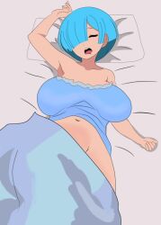 drooling huge_breasts nightgown proximal_sketch pussy_peek rem_(re:zero) sagging_breasts sleeping tease