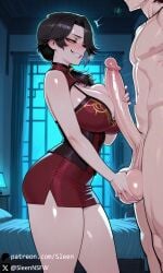 sleen ai_generated self_upload 1girls female 1boy male faceless_male 1boy1girl straight mature_female breasts big_breasts huge_breasts voluptuous voluptuous_female busty hourglass_figure revealing_clothes cleavage clothing clothed clothed_female clothed_female_nude_male cfnm smile smiling handjob big_penis balls_fondling rwby cinder_fall bedroom night