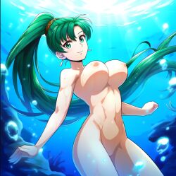 ai_generated alluring bare_legs completely_nude_female female fire_emblem fire_emblem:_the_blazing_blade fire_emblem_warriors green_hair intelligent_systems lyn lyn_(fire_emblem) lyndis lyndis_(fire_emblem) nightcore_(artist) nintendo nude ocean ponytail pussy skinny_dipping solo teal_eyes underwater
