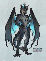 absurd_res animal_genitalia animal_penis anthro athletic balls bat black_hair black_horn blue_body blue_eyes blue_fur blue_penis blue_wings cheek_tuft claws ear_tuft english_text erection facial_tuft fangs fangs_bared flying_fox full-length_portrait fur genitals gradient_fur grey_body grey_fur grey_hair hair hi_res horn knot knotted_penis long_tail male male_only mammal megabat membrane_(anatomy) membranous_wings model_sheet nipples nude nude_anthro nude_male palette penis portrait signature solo standing stripes tail tail_tuft tall tashiroth teeth text tuft white_hair wing_claws wings