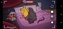 anus balls bed blood blood_on_face blush blush_lines bodily_fluids camera camera_phone camera_view clothing coat codyf0xx drowzee furniture generation_1_pokemon generation_7_pokemon genitals hi_res humanoid_genitalia humanoid_penis incineroar lab_coat looking_at_viewer male nintendo on_bed penis phone_view pokemon pokemon_(species) rear_view recording sex_toy spread_anus spreading topwear video_camera