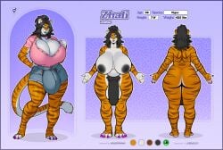 anthro areola ass balls big_breasts big_bulge boosterpang bottomwear breasts bulge claws cleavage clothed clothing collar eyewear felid fur genitals glasses green_eyes gynomorph hi_res hotpants intersex mammal model_sheet nude pantherine penis pink_claws pubes shorts solo striped_body striped_fur stripes tiger zhali