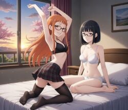 ai_generated arms_above_head bed bedroom black_hair blush bra brown_eyes dancing daughter implied_incest kneeling_on_bed mother mother_and_daughter older_female_and_younger_female orange_hair panties pantyshot persona persona_(series) persona_5 purple_eyes sakura_blossoms sakura_futaba school_skirt schoolgirl sitting_on_bed stockings stockings_thigh_highs striptease sunset teenager underwear wakaba_ishiki yuri