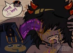 2boys absurd_res black_hair blood_splatter blush colored_blood colored_cum cronus_ampora drooling eye_penetration gay gore guro hair_over_eyes highres homestuck homestuck_troll horns male/male mituna_captor nonconsensual nosebleed speech_bubble tagme tagme_(artist) tentacle tentacle_penis vomit vomiting_cum wound_fucking wound_penetration