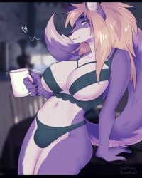 2026 absurd_res anthro arm_support bangs big_breasts big_tail black_claws bra breasts bulge canid canine canis claws clothing colored digital_drawing_(artwork) digital_media_(artwork) ear_piercing facial_scar fur green_clothing green_panties green_underwear gynomorph hair heart_symbol hi_res holding_object inside intersex letterbox long_hair looking_at_viewer mammal navel nude panties piercing ponytail purple_body purple_fur scar shaded sitting smile smiling_at_viewer solo sunnypony tail underwear white_body white_fur wolf