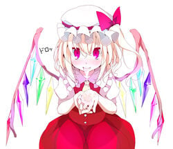 blonde_hair cum cum_in_mouth cum_on_tongue cupping_hands flandre_scarlet hat ponytail red_eyes short_hair side_ponytail solo the_embodiment_of_scarlet_devil tied_hair tongue touhou usotsukiya wings