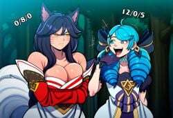 ahri ahri_(league_of_legends) ai ai_generated angry big_breasts dress flat_chest fluffy_ears gloves gwen_(league_of_legends) imminent_rape imminent_sex kumiho league_of_legends lingerielover long_hair mocking small_breasts tagme twin_drills vastaya