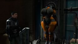 barney_calhoun futanari genderswap_(otf) half-life_(series) half-life_2 hev_suit huge_breasts huge_cock kabalmystic staring_at_penis surprised_expression valve_(company)