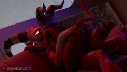 16:9 3d_(artwork) 4k absurd_res anthro ass big_penis blender_(artwork) blender_cycles_(artwork) blitzo_(chocoscorner) blitzo_(helluva_boss) bloxxie crimsomdark digital_media_(artwork) duo evening furniture genitals hellaverse helluva_boss hi_res horn imp inside male male/male moxxie_(helluva_boss) moxxie_(valorlynz) penis red_body sitting sofa widescreen window yellow_eyes