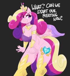 5_fingers absurd_res alicorn anthro anthrofied big_breasts blonde_hair bottomless breasts cleavage clothed clothing cutie_mark dialogue english_text equid equine female fingers flutterthrash friendship_is_magic genitals hair hasbro hi_res horn leaning leaning_forward legwear long_hair mammal multicolored_hair multicolored_tail my_little_pony mythological_creature mythological_equine mythology pink_eyes pink_hair pink_tail princess_cadance_(mlp) purple_hair purple_tail solo tail text vulva wings yellow_tail