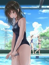 1boy 2girls accidental_pervert black_hair blue_male_swimwear blue_one-piece_swimsuit breasts brown_eyes cleft_of_venus clothes_pull competition_school_swimsuit cowboy_shot day female_pubic_hair goggles holding holding_goggles long_hair looking_down male_swimwear medium_breasts mouth_hold multiple_girls one-piece_swimsuit one-piece_swimsuit_pull original outdoors pool poolside pubic_hair pussy railing school_swimsuit swim_briefs swim_cap swimsuit tachiinu unworn_swim_cap utility_pole walking wet_body