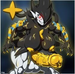 2020s 2025 4_fingers animal_genitalia animal_penis anthro areola balls big_balls big_breasts big_penis breasts claws digital_media_(artwork) electricity electricity_manipulation elemental_manipulation equine_genitalia equine_penis erection eyelashes finger_claws fingers gardevoir generation_3_pokemon generation_4_pokemon genitals grin gynomorph gynomorph_anthro hi_res hitomi_(someguy987) hybrid intersex intersex_anthro looking_at_viewer luxray medial_ring muscular muscular_anthro muscular_gynomorph muscular_intersex muscular_thighs nintendo nipples penis pokemon pokemon_(species) red_eyes simple_background smile smiling_at_viewer solo tail tridark vein veiny_penis