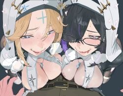 1boy 2girls areola areola_slip beauty_mark beauty_mark_on_breasts big_breasts blonde blonde-haired_female blonde_hair blonde_hair_female blue_eyes boobies boobs breast_press breasts busty cleavage clenched_teeth female glasses goddess_of_victory:_nikke hair_over_one_eye heart heart-shaped_pupils heavy_breathing hintobento horny horny_female label_(nikke) large_breasts light-skinned_female light_skin looking_at_viewer male mole mole_on_breast multicolored_hair necklace necklace_between_breasts nun nun_outfit purple_eyes purple_hair rapunzel_(nikke) shift_up sweat sweating sweaty sweaty_body tits titties