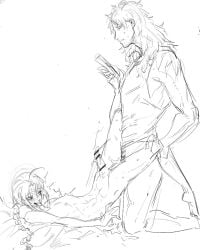 2boys abuto age_difference anal anal_sex bar_censor blush braid braided_hair bulbul_weewee erection gay gintama kamui_(gintama) long-haired_male long_hair male male_only monochrome mullet on_back penis size_difference sketch smaller_penetrated tongue_out yaoi