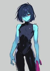1ambiguous 1other ambiguous_gender blue_body body bodysuit chest deltanoodle deltarune doodle hair_between_eyes human kris_(dark_world_form) kris_(deltarune) muscular red_eyes semi_nude skinny twitter_link undertale_(series)