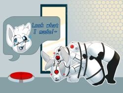 4:3 anthro armor arms_tied black_rope blue_body blue_eyes blue_fur blush blush_lines bound breasts canid canine collar connected_collars dialogue erect_nipples eyewear fallen_over female female/female fox frankenturret_(portal) fur genitals glasses grey_body grey_fur grey_markings group hair headgear helmet heterochromia lagomorph legs_tied leporid lying machine male male/female mammal markings nipples on_back on_front pattern_background portal_(series) presenting proud pushbutton rabbit red_eyes robot rope sammywhich screen short_hair short_tail simple_background sitting sitting_on_knees smile speech_bubble submissive tail text tiptoes tongue tongue_out trio turret turret_(portal) valve vulva wheatley white_body white_fur