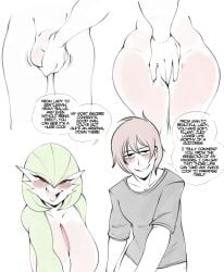 balls blush both_sexes_in_same_situation bottomless breasts clothed clothing dialogue duo female fingers gardevoir generation_3_pokemon genitals green_body hair hi_res human humanoid looking_at_viewer male mammal nintendo pokemon pokemon_(species) red_body red_eyes saltyxodium simple_background smile standing teeth text topwear white_body