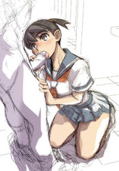 black_eyes black_hair censored ez6 fellatio female kneeling licking ookusa_manami oral partially_colored penis sayonara_zetsubou_sensei school_uniform serafuku short_ponytail sketch