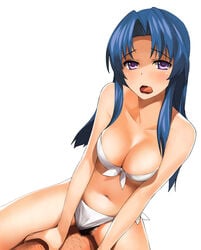 bikini bikini_aside blue_hair blush breasts cleavage clothed_sex cowgirl_position female front-tie_top kawashima_ami licking_lips long_hair male medium_breasts pov pubic_hair purple_eyes sex side-tie_bikini simple_background straddle straight swimsuit swimsuit_aside tongue toradora! uncensored vaginal_penetration