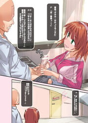 1girls censored comic green_eyes hairband handjob idolmaster penis princess_spirit producer_(idolmaster) red_hair smile translation_request