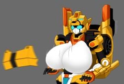 airbag big_breasts blue_eyes breasts breasts_out breasts_outside brushbyter cheetah female female_robot mecha mecha_focus mecha_girl metal_cardbot no_areola robot robot_humanoid robotic_arm shocked_expression shocked_eyes solo tachi_(metal_cardbot) tachy_(metal_cardbot) yellow_body