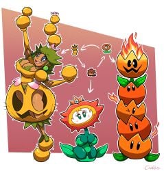 :) balancing balancing_on_ball cactus chabble dress earrings fire_flower flower green_eyes green_hair holes_in_clothes mario_(series) noun_swap plant plant_girl pokey_(mario) post-transformation princess_daisy smile transformation underwear white_hair