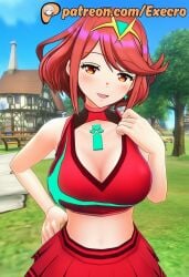 3d adorable ai_assisted ai_generated anime anime_style big_breasts cheerleader cheerleader_outfit cleavage confident core_crystal core_crystal_(xenoblade) cute day earrings execro grass half-closed_eyes head_tilt headwear hi_res highres house large_breasts looking_at_viewer medium_hair nintendo novelai orange_eyes outdoors patreon pyra pyra_(xenoblade) red_eyes red_hair skirt sky smile soft_breasts straight_hair super_smash_bros. trees uncensored village watermark xenoblade_(series) xenoblade_chronicles_2