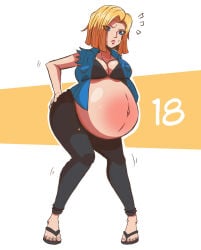 1girls android_18 arbrianarchy ass big_ass big_breasts bikini_top blonde_hair blue_eyes breasts canon_pregnancy dragon_ball female flip_flops hand_on_ass human milf painted_nails popped_navel pregnant ready_to_pop red_belly thick_thighs wide_hips