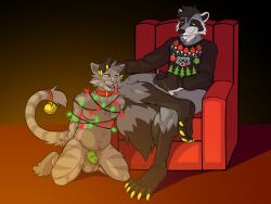 4:3 absurd_res anthro bell bondage bottomless bound chastity_cage chastity_device christmas clothed clothing collar domestic_cat duo felid feline felis fetishame hi_res holidays male male/male mammal petplay procyonid raccoon reno_(raccoon) roleplay sweater tabby_cat topwear