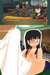 amagi_yukiko atlus big_breasts black_hair black_pupils blush blushing_female classroom closed_eye closed_mouth clothed_male_nude_female cum cum_in_face cum_in_mouth cum_on_breasts detailed_background ejaculation erected_nipples erected_penis faceless_male female_focus flustered_female hanamura_yousuke inminent_sex looking_at_penis looking_sideways narukami_yu nude_female orange_hair paizuri paizuri_lead_by_female penis_between_breasts persona_4 persona_4_the_golden pink_nipples pout satonaka_chie screenshot seta_souji sitting_on_bed small_areola squeezing_breasts straight_hair turning_head variant_set video_game_character video_games
